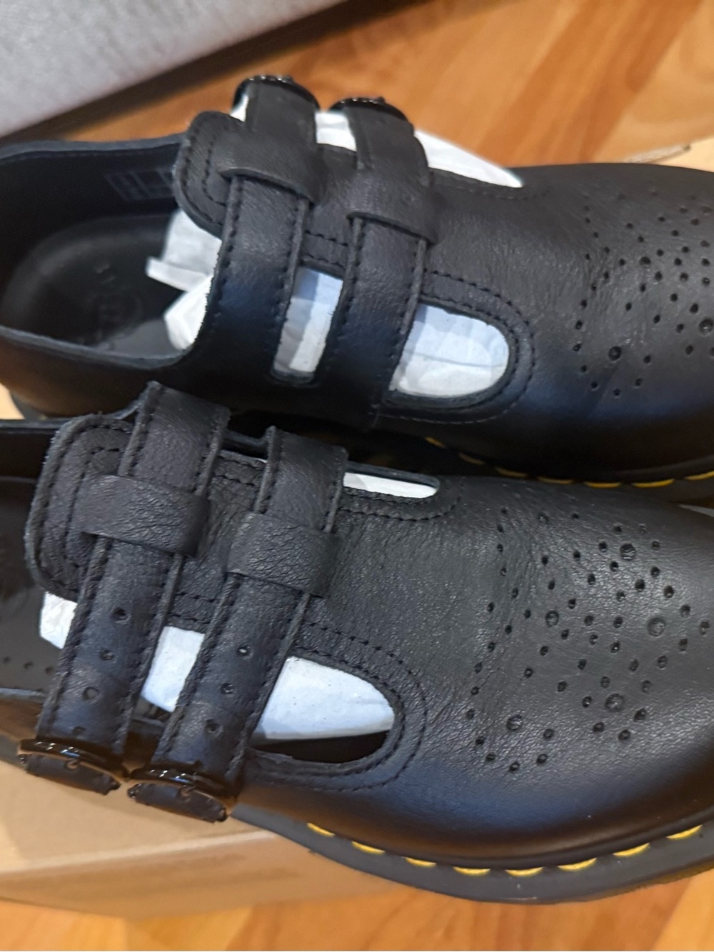 Mary Jane Black Leather Double-Strap Perforated Loafers - Picture 2 of 3